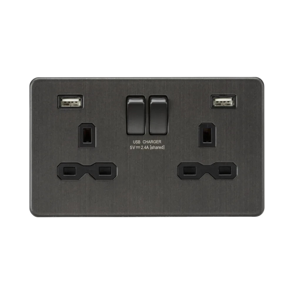 Knightsbridge SFR9224SB 13A 2G SP Switched Socket with Dual USB - Smoked Bronze with Black Insert 1 Knightsbridge SFR9224SB 13A 2G SP Switched Socket with Dual USB - Smoked Bronze with Black Insert
