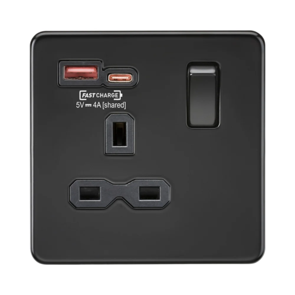 Knightsbridge SFR9919MBB 13A 1 Gang Switched Socket with A+C USB 1 Knightsbridge SFR9919MBB 13A 1 Gang Switched Socket with A+C USB