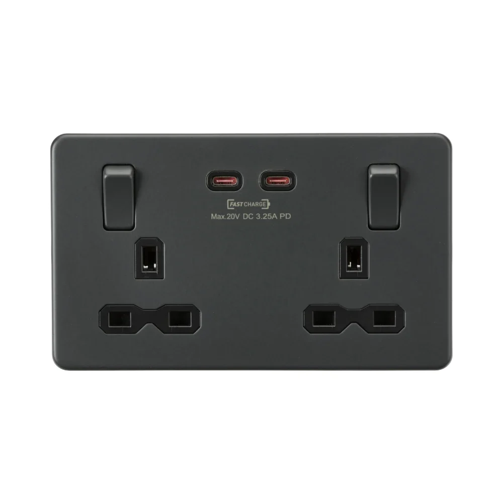 Knightsbridge SFR9965AT 13A 2G DP Switched Socket with USB-C FASTCHARGE - Anthracite 1 Knightsbridge SFR9965AT 13A 2G DP Switched Socket with USB-C FASTCHARGE - Anthracite