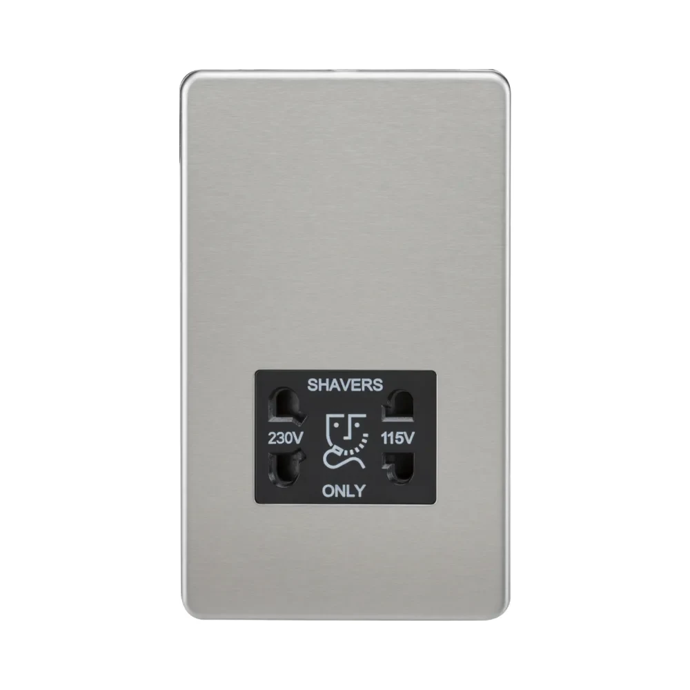 Knightsbridge Screwless 115V/230V Dual Voltage Shaver Socket - Brushed Chrome with Black Insert 1 Knightsbridge SF8900BC Knightsbridge Screwless 115V/230V Dual Voltage Shaver Socket - Brushed Chrome with Black Insert