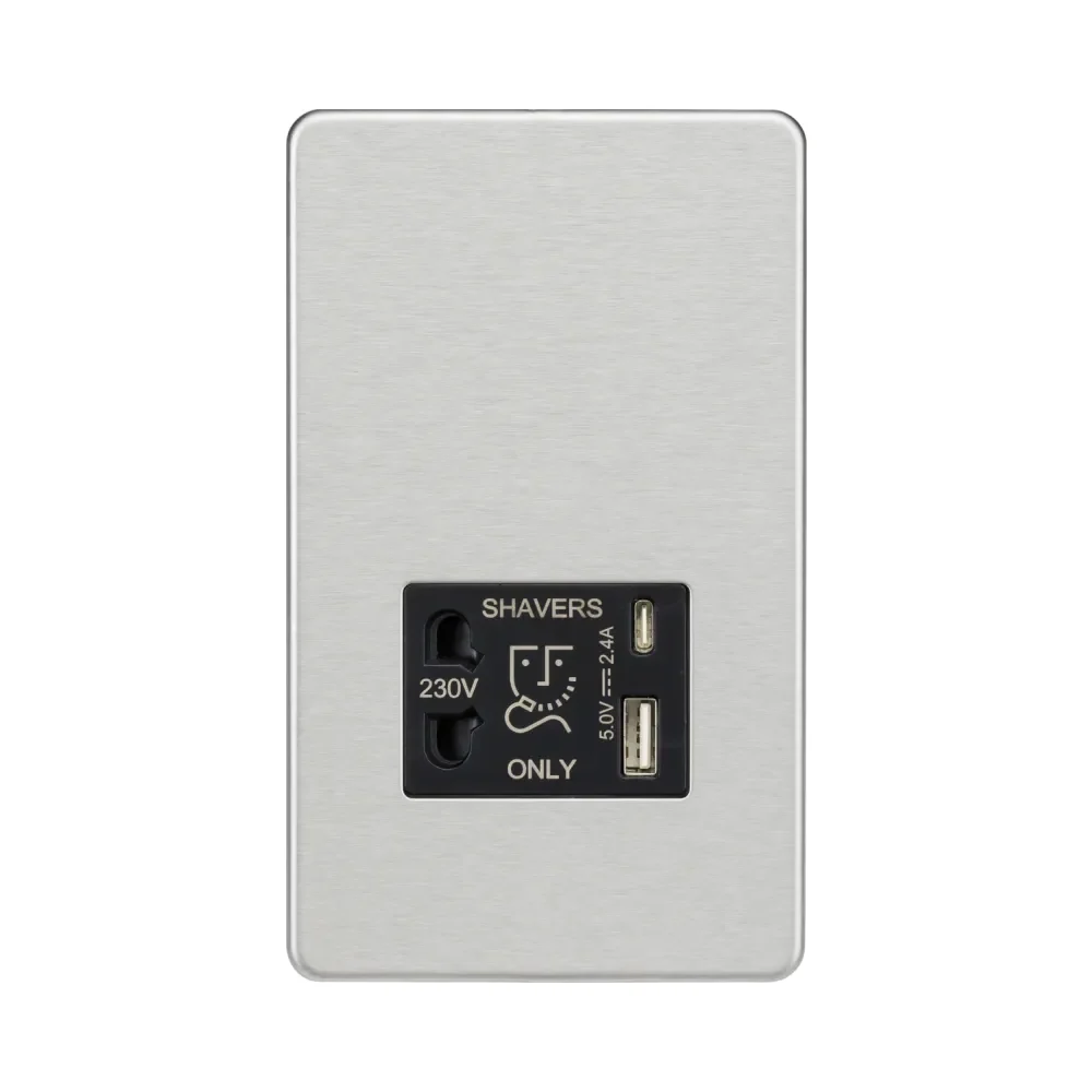 Knightsbridge Shaver Socket with Dual USB A+C (5V DC 2.4A shared) - Brushed Chrome with Black Insert 1 Knightsbridge SF8909BC Knightsbridge Shaver Socket with Dual USB A+C (5V DC 2.4A shared) - Brushed Chrome with Black Insert