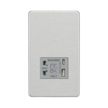 Knightsbridge SF8909BCG Knightsbridge Shaver Socket with Dual USB A+C (5V DC 2.4A shared) - Brushed Chrome with Grey Insert
