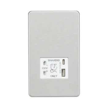 Knightsbridge SF8909BCW Knightsbridge Shaver Socket with Dual USB A+C (5V DC 2.4A shared) - Brushed Chrome with White Insert