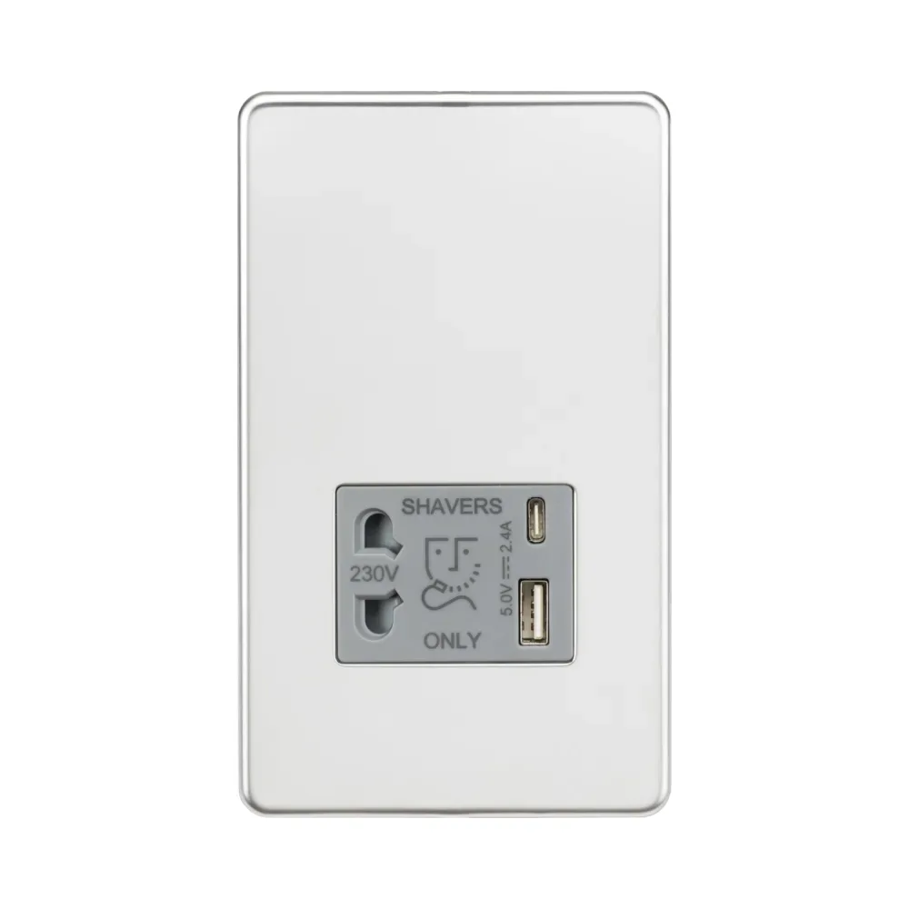 Knightsbridge 230V Shaver Socket with Dual USB A+C (5V DC 2.4A shared) - Polished Chrome with Grey Insert 1 Knightsbridge SF8909PCG Knightsbridge 230V Shaver Socket with Dual USB A+C (5V DC 2.4A shared) - Polished Chrome with Grey Insert