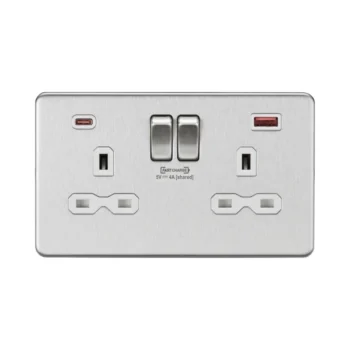 Knightsbridge SFR9909BCW Knightsbridge 13A 2G Switched Socket with Dual USB [FASTCHARGE] A+C - Brushed Chrome with White Insert
