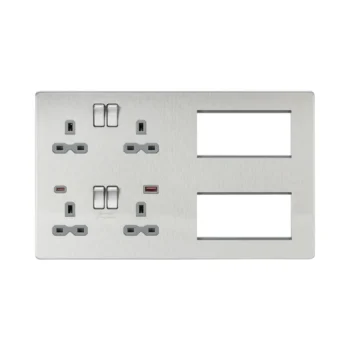 Knightsbridge SFR998BCG Knightsbridge Screwless Combination Plate with Dual USB FASTCHARGE A+C - Brushed Chrome with Grey Insert