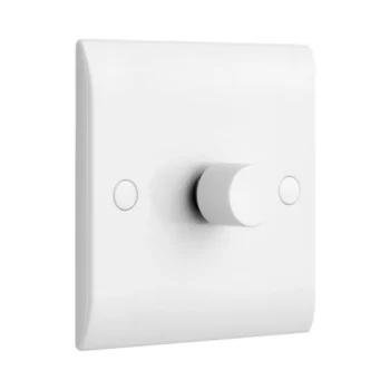Saxby CE661 white curved edge 1G LED dimmer switch, antimicrobial finish, universal 5–100W LED dimming, 2-way push/rotary control.