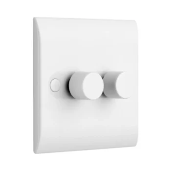 Saxby CE662 white curved edge 2G LED dimmer switch, dual-gang, antimicrobial, universal 5–100W dimming, 2-way push on/off rotary control.