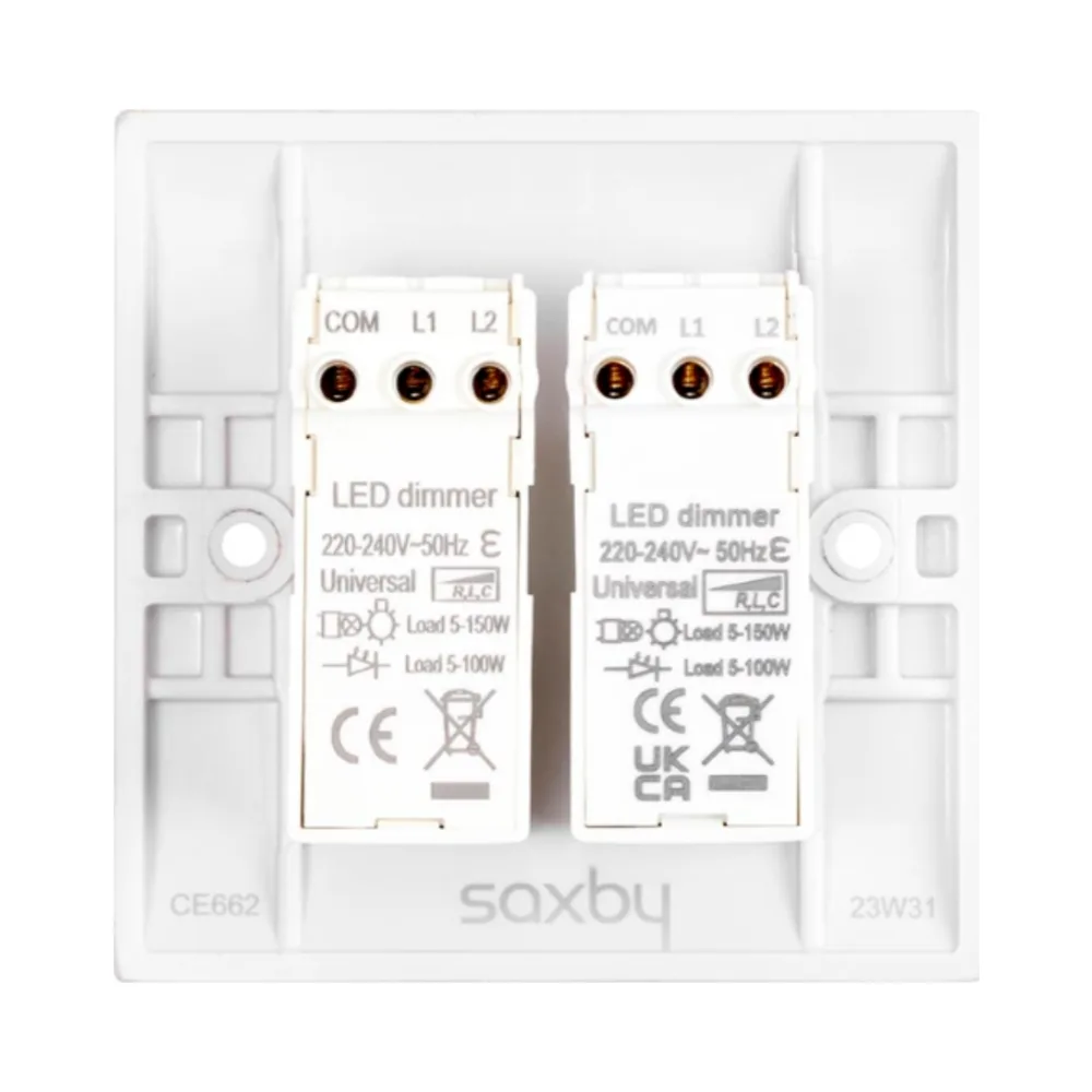 Saxby CE662 Curved Edge 2G LED Dimmer 5-100W 3 Saxby CE662 white curved edge 2G LED dimmer switch, dual-gang, antimicrobial, universal 5–100W dimming, 2-way push on/off rotary control.