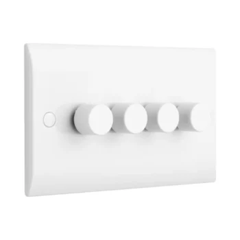 Saxby CE664 four-gang white curved edge LED dimmer switch, antimicrobial finish, universal 5–100W dimming for LED, halogen, CFL, and incandescent lamps.