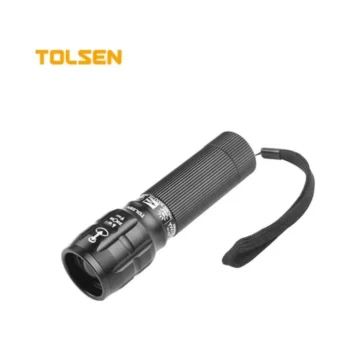 Tolsen 60033 Zoomable LED Flashlight with 3W CREE LED, 150 lumens, adjustable focus, aluminium body, and IP65 water/dust resistance.