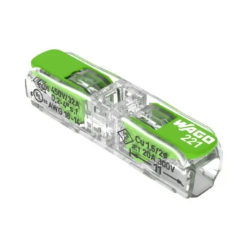 Pack of 60 Wago 221-2431 Inline Green Lever Connectors with transparent bio-based casing and recycled green levers, designed for compact, tool-free copper wire connections.
