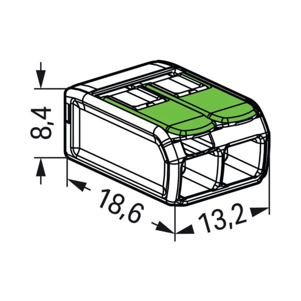 Wago 221-422 2 Way Green Lever Connectors - Pack of 100 2 Pack of 50 Wago 221-422 2 Way 4mm Green Lever Connectors with clear bio-based housing and recycled green levers, designed for safe, compact, and sustainable wire connections.