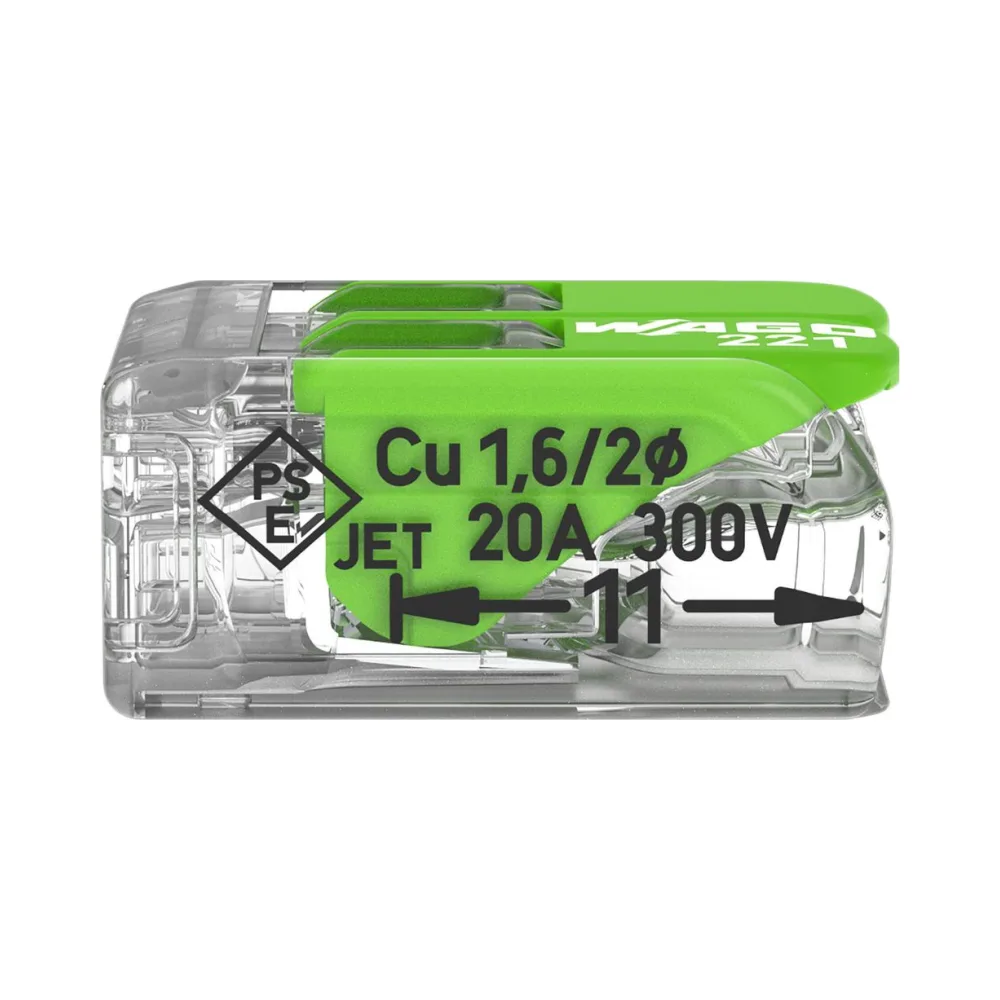 Wago 221-422 2 Way Green Lever Connectors - Pack of 100 3 Pack of 50 Wago 221-422 2 Way 4mm Green Lever Connectors with clear bio-based housing and recycled green levers, designed for safe, compact, and sustainable wire connections.