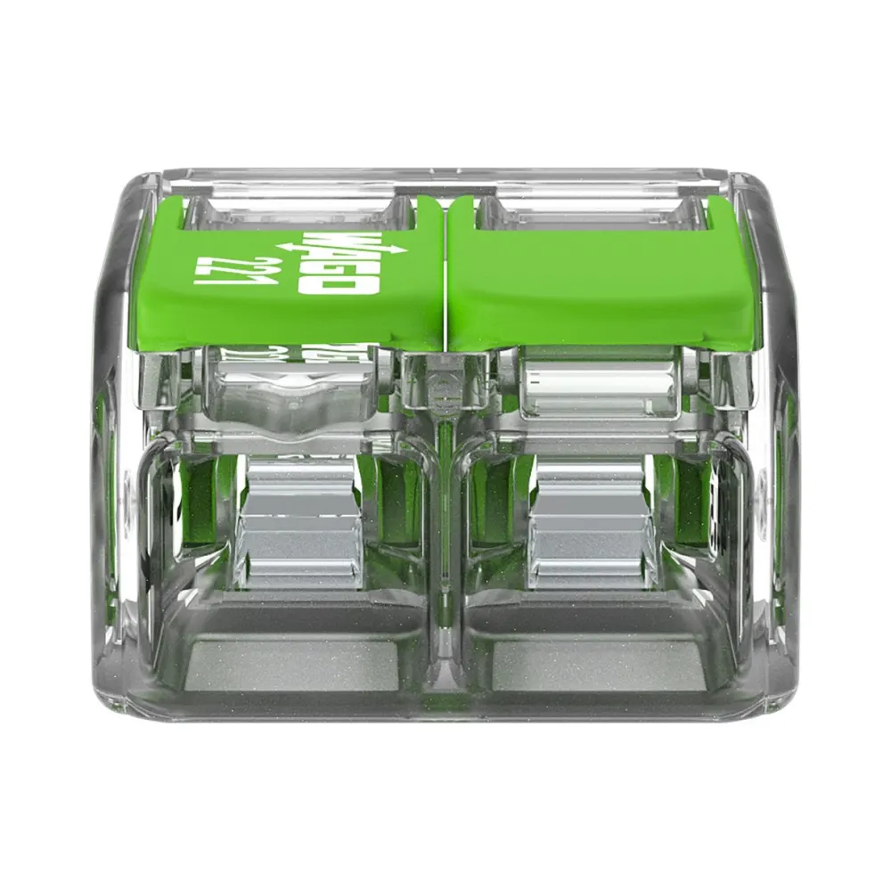 Wago 221-422 2 Way Green Lever Connectors - Pack of 100 4 Pack of 50 Wago 221-422 2 Way 4mm Green Lever Connectors with clear bio-based housing and recycled green levers, designed for safe, compact, and sustainable wire connections.