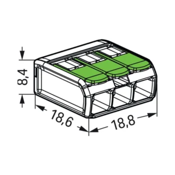 Pack of 50 Wago 221-423 3 Way Green Lever Connectors with clear eco-housing and piano-style recycled green levers, suitable for solid, stranded, or flexible copper wires.