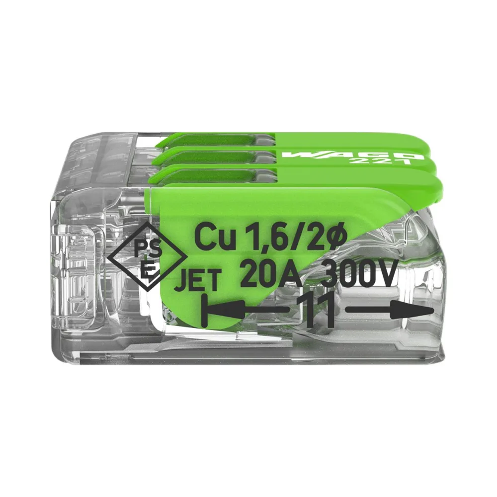Wago 221-423 3 Way Green Lever Connectors- Pack of 50 3 Pack of 50 Wago 221-423 3 Way Green Lever Connectors with clear eco-housing and piano-style recycled green levers, suitable for solid, stranded, or flexible copper wires.