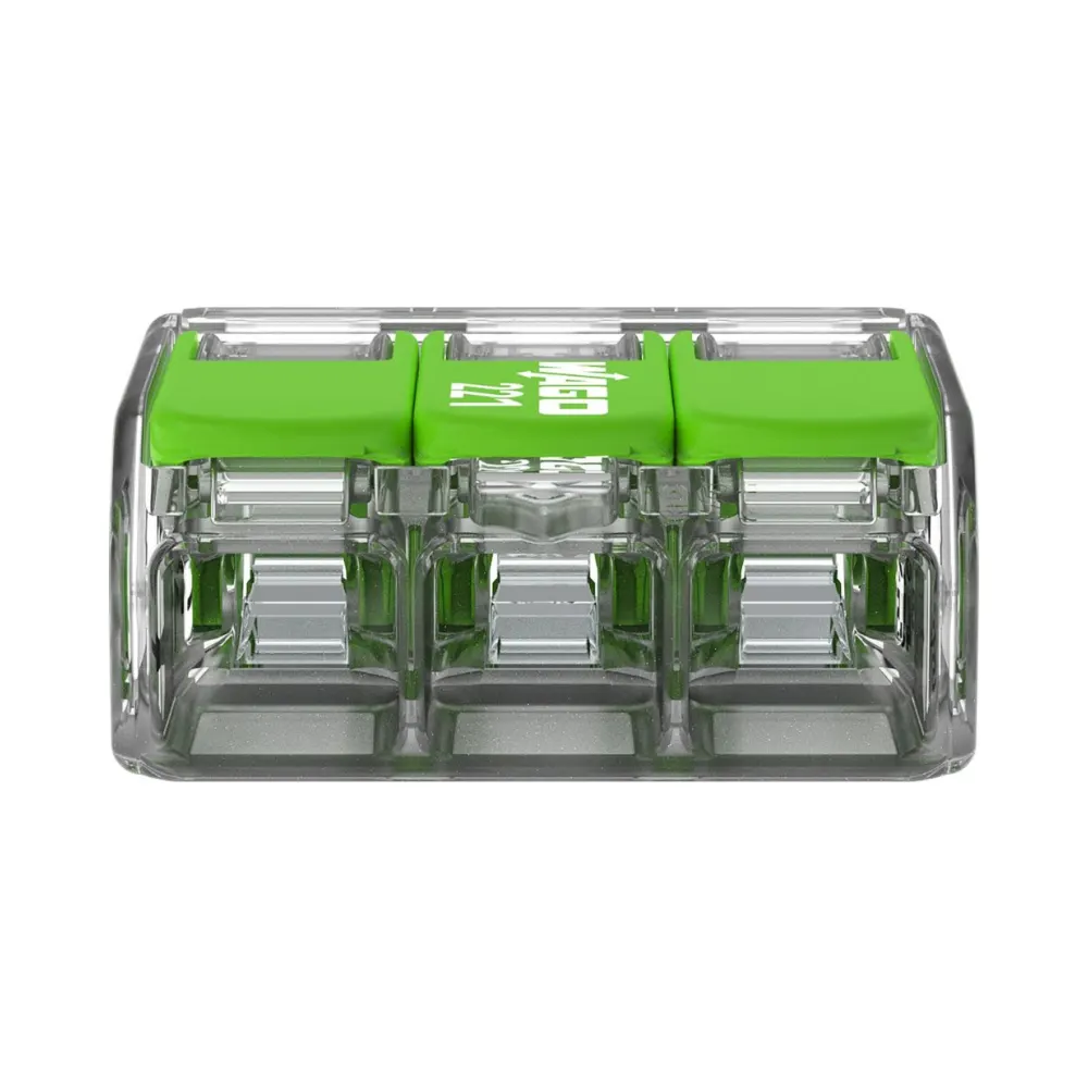 Wago 221-423 3 Way Green Lever Connectors- Pack of 50 4 Pack of 50 Wago 221-423 3 Way Green Lever Connectors with clear eco-housing and piano-style recycled green levers, suitable for solid, stranded, or flexible copper wires.