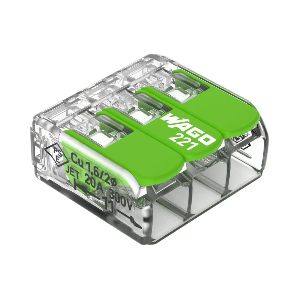 Wago 221-423 3 Way Green Lever Connectors- Pack of 50 1 Pack of 50 Wago 221-423 3 Way Green Lever Connectors with clear eco-housing and piano-style recycled green levers, suitable for solid, stranded, or flexible copper wires.