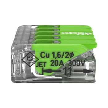 Wago 221-625 5-way green lever connector with transparent housing and recycled green levers, designed for eco-friendly, tool-free wiring of copper conductors.