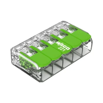Wago 221-625 5-way green lever connector with transparent housing and recycled green levers, designed for eco-friendly, tool-free wiring of copper conductors.