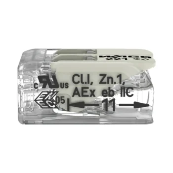 Pack of 100 Wago 221-482 2 Way EX E Lever Connectors with clear housing and white levers, ATEX and IECEx certified for use in hazardous or explosive environments.