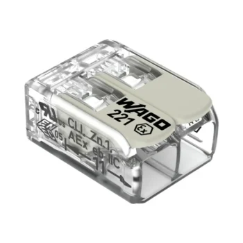 Pack of 100 Wago 221-482 2 Way EX E Lever Connectors with clear housing and white levers, ATEX and IECEx certified for use in hazardous or explosive environments.