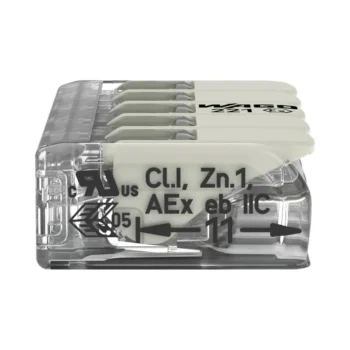 Pack of 25 Wago 221-485 5 Way EX E White Lever Connectors with clear polycarbonate housing, Ex e certified for safe wiring in Zone 1 and Zone 2 hazardous environments.