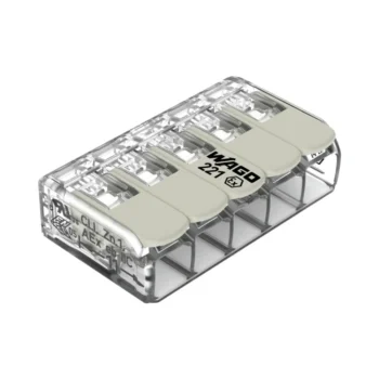 Pack of 25 Wago 221-485 5 Way EX E White Lever Connectors with clear polycarbonate housing, Ex e certified for safe wiring in Zone 1 and Zone 2 hazardous environments.