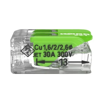 Pack of 50 Wago 221-622 2 Way Green Lever Connectors with 6 mm² capacity, featuring transparent bio-circular housing and recycled material levers for eco-friendly wiring.