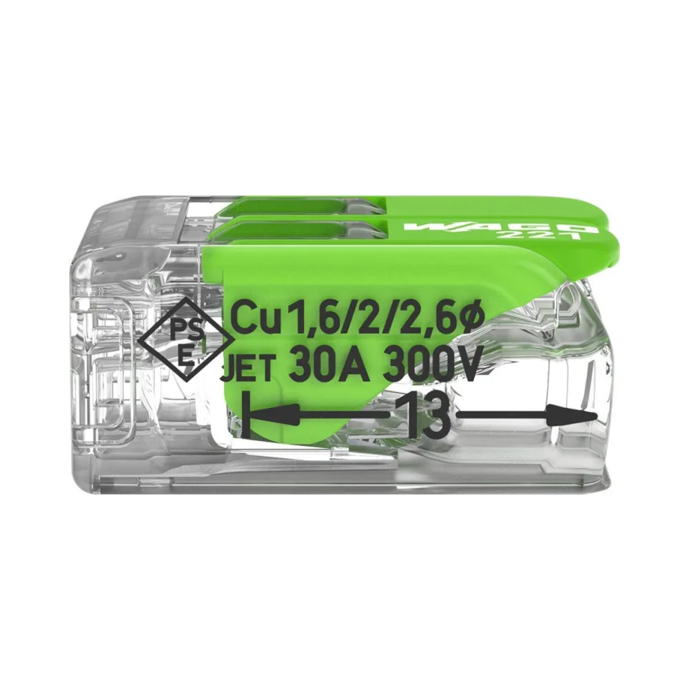 Wago 221-622 2 Way 6mm Green Lever Connectors - Pack of 50 2 Pack of 50 Wago 221-622 2 Way Green Lever Connectors with 6 mm² capacity, featuring transparent bio-circular housing and recycled material levers for eco-friendly wiring.