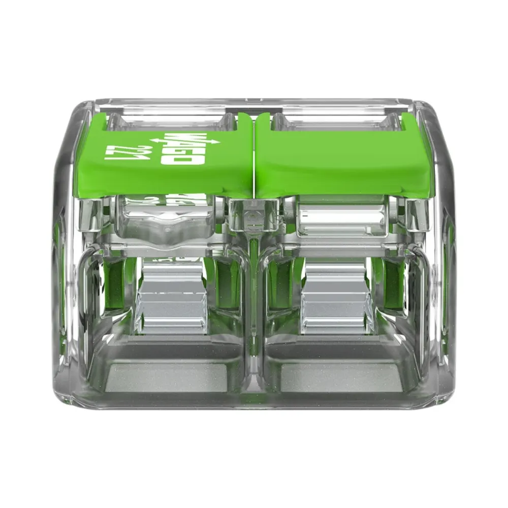 Wago 221-622 2 Way 6mm Green Lever Connectors - Pack of 50 3 Pack of 50 Wago 221-622 2 Way Green Lever Connectors with 6 mm² capacity, featuring transparent bio-circular housing and recycled material levers for eco-friendly wiring.