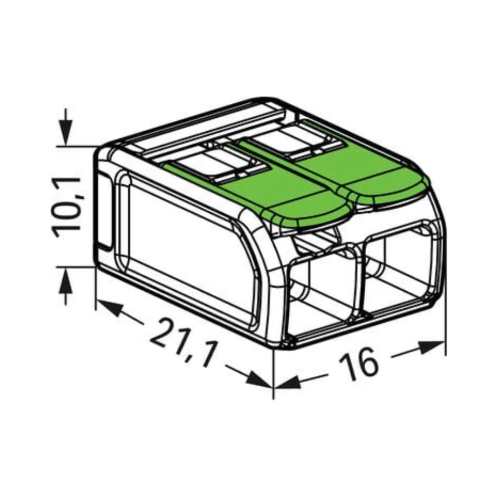 Wago 221-622 2 Way 6mm Green Lever Connectors - Pack of 50 4 Pack of 50 Wago 221-622 2 Way Green Lever Connectors with 6 mm² capacity, featuring transparent bio-circular housing and recycled material levers for eco-friendly wiring.