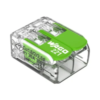 Pack of 50 Wago 221-622 2 Way Green Lever Connectors with 6 mm² capacity, featuring transparent bio-circular housing and recycled material levers for eco-friendly wiring.