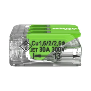 Pack of 50 Wago 221-623 3 Way 6mm Green Lever Connectors with clear eco-housing and recycled levers, designed for fast and sustainable wire connections.