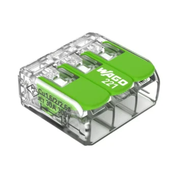 Pack of 50 Wago 221-623 3 Way 6mm Green Lever Connectors with clear eco-housing and recycled levers, designed for fast and sustainable wire connections.