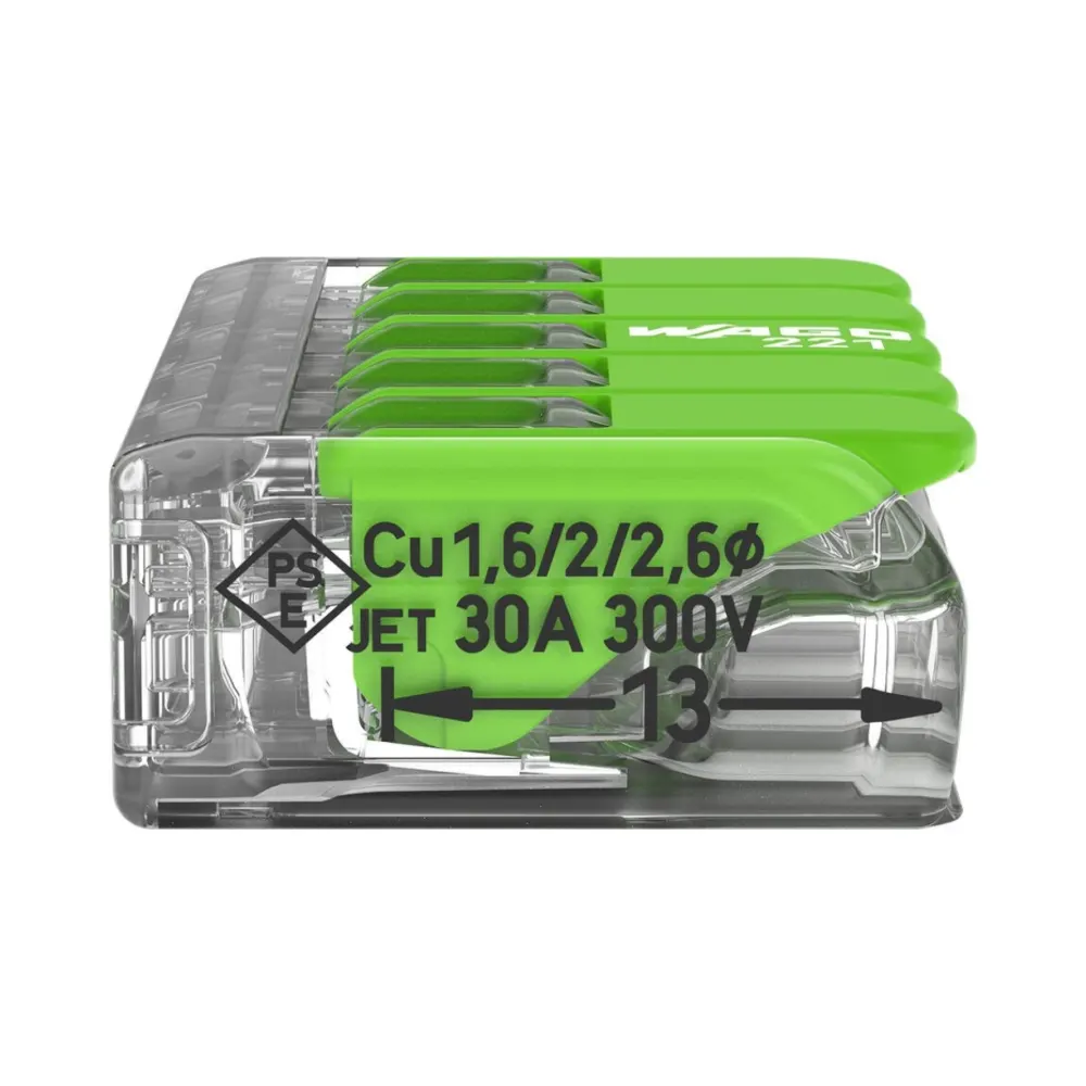 Wago 221-625 5 Way 6mm Green Lever Connectors - Pack of 15 2 Pack of 15 Wago 221-625 5 Way 6mm Green Lever Connectors with transparent eco-friendly body and green recycled levers for fast, safe, and reusable wire connections.