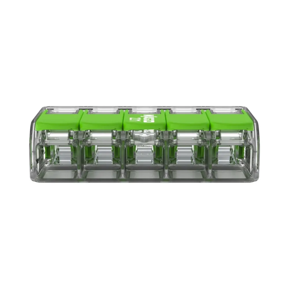 Wago 221-625 5 Way 6mm Green Lever Connectors - Pack of 15 3 Pack of 15 Wago 221-625 5 Way 6mm Green Lever Connectors with transparent eco-friendly body and green recycled levers for fast, safe, and reusable wire connections.