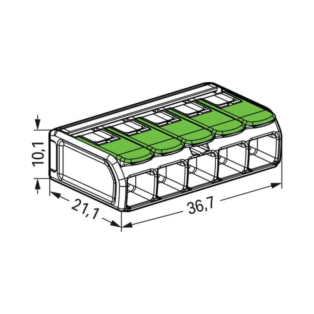 Wago 221-625 5 Way 6mm Green Lever Connectors - Pack of 15 4 Pack of 15 Wago 221-625 5 Way 6mm Green Lever Connectors with transparent eco-friendly body and green recycled levers for fast, safe, and reusable wire connections.
