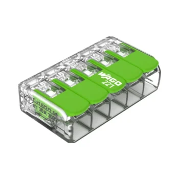 Pack of 15 Wago 221-625 5 Way 6mm Green Lever Connectors with transparent eco-friendly body and green recycled levers for fast, safe, and reusable wire connections.