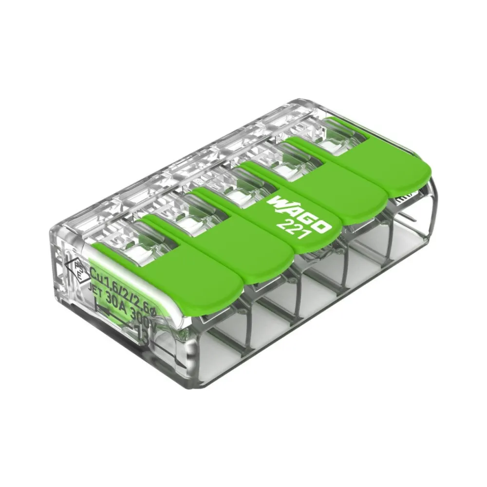 Wago 221-625 5 Way 6mm Green Lever Connectors - Pack of 15 1 Pack of 15 Wago 221-625 5 Way 6mm Green Lever Connectors with transparent eco-friendly body and green recycled levers for fast, safe, and reusable wire connections.