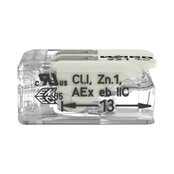 Pack of 50 Wago 221-682 2 Way Spark Proof Lever Connectors for 6mm² copper wires, with clear casing and Ex e approval for safe use in hazardous areas.