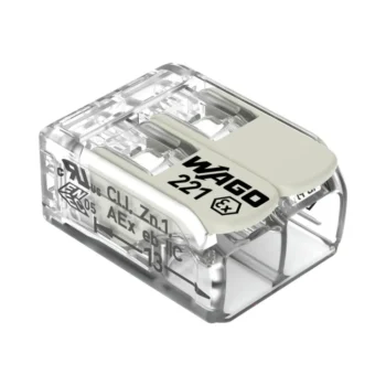 Pack of 50 Wago 221-682 2 Way Spark Proof Lever Connectors for 6mm² copper wires, with clear casing and Ex e approval for safe use in hazardous areas.