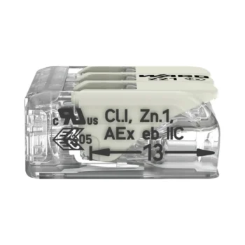 Pack of 30 Wago 221-683 3 Way 6mm Spark Proof Lever Connectors with transparent flame-retardant body and spark-resistant levers for Ex e applications in explosive areas.