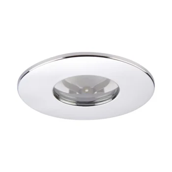 Saxby ShieldONE 75 IP65 Fixed Chrome Bezel for GU10 downlights – bathroom-rated with modern finish.