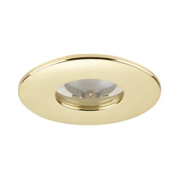 Saxby ShieldONE 75 brass bezel – IP65-rated downlight trim for bathrooms and wet rooms.