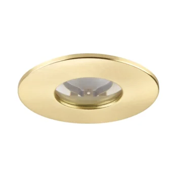 Satin brass IP65 bezel for Saxby ShieldONE 75 downlight – tool-free installation for bathroom and wet room ceilings.