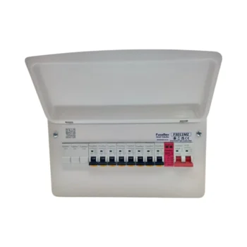 FuseBox F3011MZ Consumer Unit Kit with 8 RCBOs, integrated SPD, and 100A main switch – boxed kit, not pre-installed.