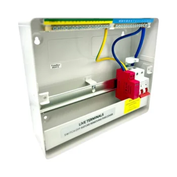 F3011MZ FuseBox consumer unit with cover removed, angled to show internal layout