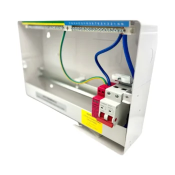 Angled view of the FuseBox F3015MZ consumer unit with front cover removed, showing internal layout